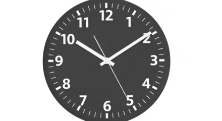 Modern black analog wall clock with white hands and numbers isolated on transparent background