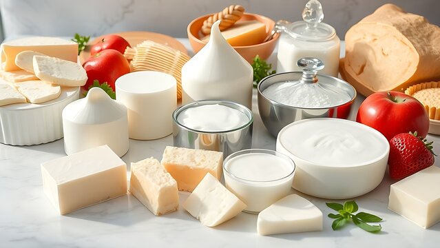Fresh dairy products neatly arranged on a clean surface, bathed in soft natural light.
