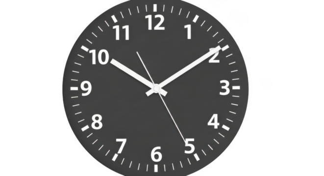 Modern black analog wall clock with white hands and numbers isolated on transparent background