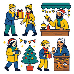 People winter market gift exchange, festive mood, hot drink, Christmas tree, holiday treat