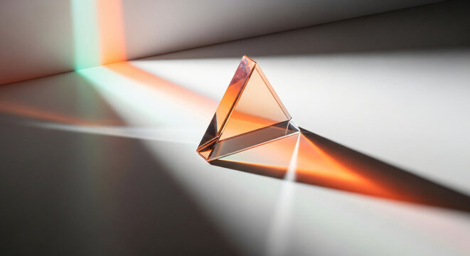 A ray of light splitting into a colorful spectrum as it passes through a transparent glass prism, illustrating physics, science, optics, discovery, and clarity.