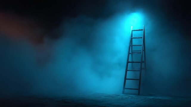A ladder reaches towards a bright light in a misty blue environment