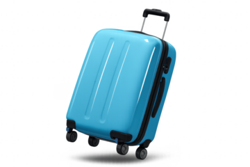 Blue wheeled suitcase ready for international travel