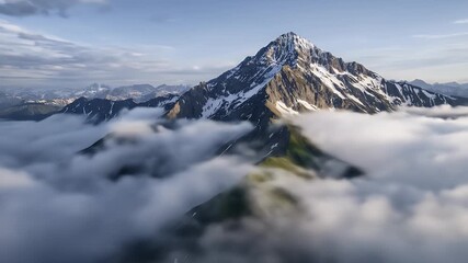 A majestic mountain peak partially shrouded in clouds, surrounded by other peaks, under blue sky - Powered by Adobe