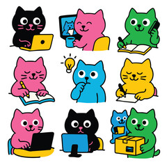 Cartoon cat working on laptop, writing, thinking, talking on phone, and holding box