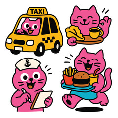 Pink cat taxi driver, waiter, and server with food, cheerful cartoon style, fast food, coffee