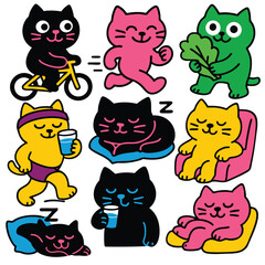 Black cat riding bicycle, pink cat running, green cat holding leaf, yellow cat relaxing
