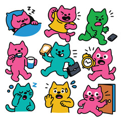 Cartoon cat morning routine, waking up, brushing teeth, eating, rushing, surprised, energetic