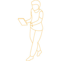 Isometric Outline Illustration of a Person Holding a Tablet Device and Walking with a Transparent Background