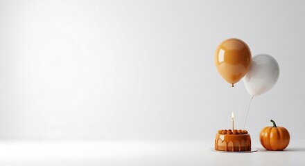 A minimalist birthday scene featuring a cake, pumpkin, and balloons against a white backdrop.