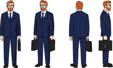 Businessman character, red hair, beard, glasses, holding briefcase, blue suit, front view, side view, back view, vector illustration