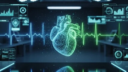 3D Digital Heart with ECG Pulse Line and DNA Strand Background - Powered by Adobe