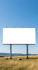 Obraz premium A blank outdoor advertising structure stands in a field beneath a clear blue sky, hills in the background