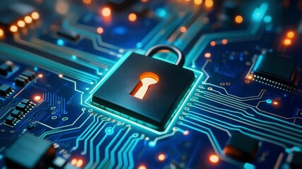 Padlock Embedded in Circuit Board Cybersecurity and Digital Data Protection Animation electronic circuit board with processor - Powered by Adobe