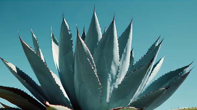 A close-up view of a large, spiky succulent against a clear, light-blue sky