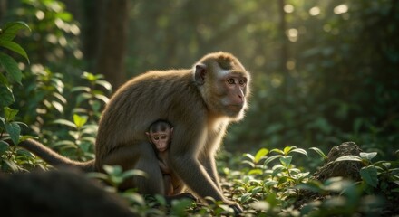 Mother monkey cradling infant in forest. Sunlight filters through trees