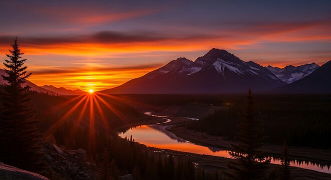 A breathtaking landscape at dusk featuring a radiant sunset over majestic mountains and a winding river reflecting the sky - Powered by Adobe