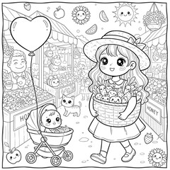 A girl walking through a farmers market with a woven basket Cute Kawaii Vector Illustration, Black and White Clip Art for Kids and Adults, Coloring Pages for kids and adults