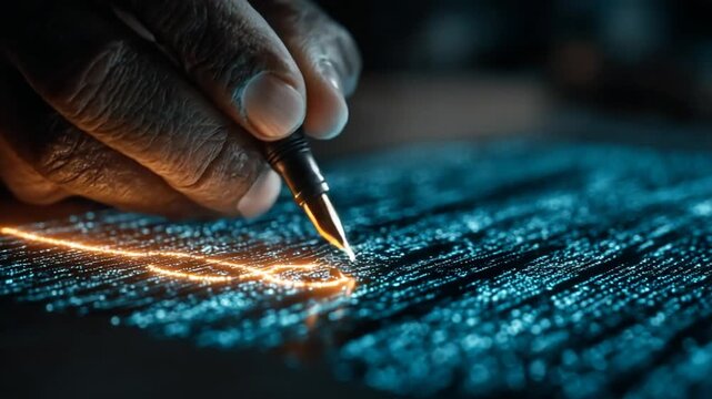 Close-up of Hand Writing Code on Digital Surface - Powered by Adobe