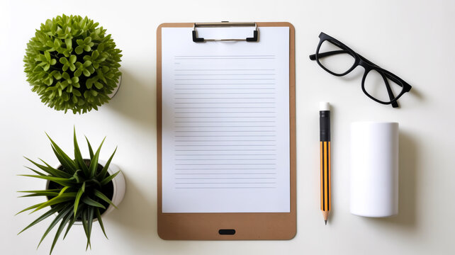 Minimalist workspace flat lay, white background, laptop, notebook, pen, coffee