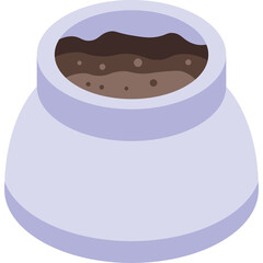 Isometric pale purple pot filled with rich dark soil and organic matter on a clean white background with a transparent background element suggesting growth and nature
