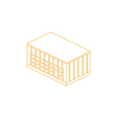 Isometric outline of a modern warehouse building with orange accents and a transparent background.