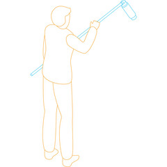 Isometric outline of a person holding a long pole with a roller attachment suggesting cleaning or painting activity in a simplified graphic style.