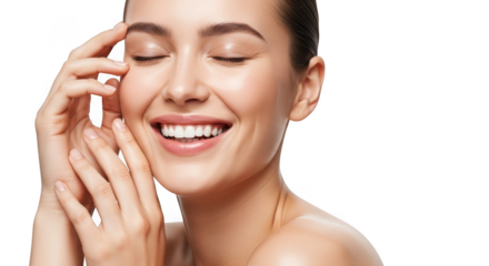Happy young woman with eyes closed smiling and touching face, isolated on transparent background