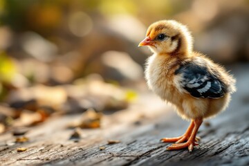 Adorable fluffy chick with orange and brown feathers, standing on wood