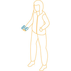 Isometric outline of a person holding binoculars in bright orange and blue on a transparent background with clean simple design