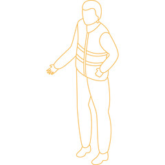 Isometric Outline of a Person in a Vest and Pants Standing Against a Transparent White Background With Soft Yellow Outline Accents