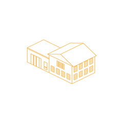 Isometric outline of a two-story house with a garage and windows in a warm orange hue against a white background