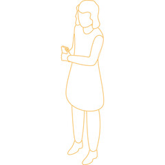 Isometric Outline Of A Woman Holding A Small Object In Her Hands On A Transparent Background With Orange Glowing Lines