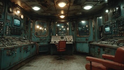 Abandoned control room with vintage equipment and chair - Powered by Adobe