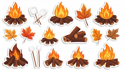 Collection of cartoon campfire stickers with logs, flames, marshmallows, and autumn leaves on a white background.