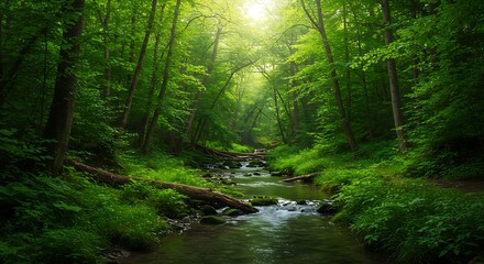 Fototapeta premium Sunlight Beams Through a Lush Green Forest Stream.