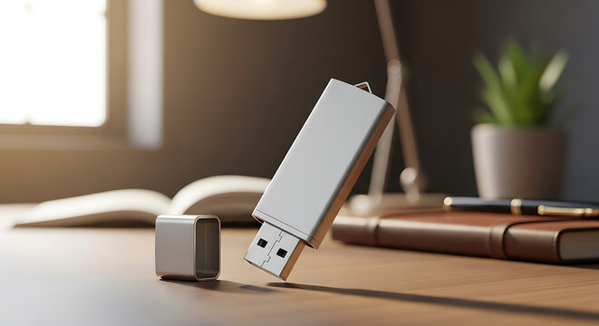 USB Flash Drive on Desk Memory Stick, Data Storage, Technology