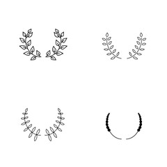 Collection of four laurel wreath designs isolated on white background, featuring various leaf arrangements and styles, perfect for adding a touch of elegance and nature to invitations and designs