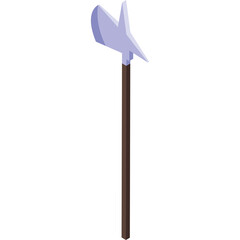 Pale blue halberd weapon with a long brown handle shown from a side view on a transparent white background