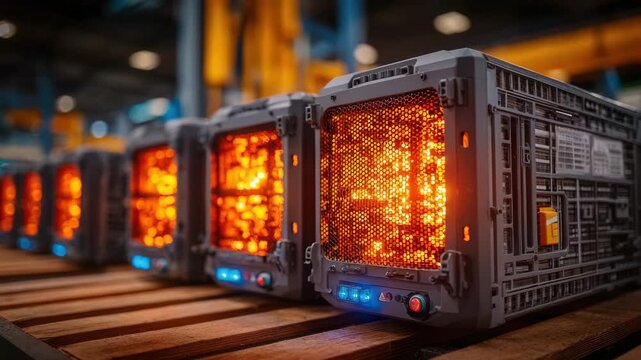 Powerful industrial heaters glow with intense orange heat on wooden pallets ready for deployment in a modern factory setting