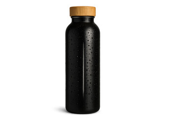 Black reusable water bottle with wooden cap and condensation