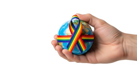 A person's hand holding a small globe of the Earth wrapped in a vibrant rainbow pride ribbon against a white background.