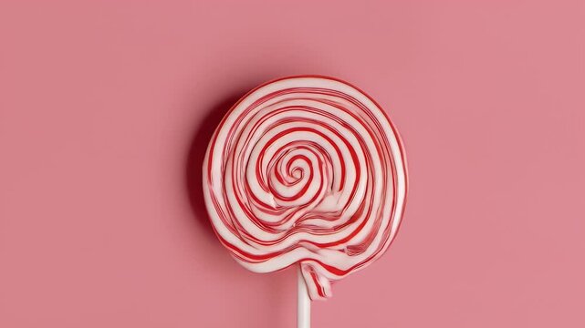 A close-up shot of a red and white lollipop on a stick against a pink background