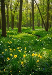 Sunlit Forest Floor Carpeted with Yellow Daffodils and White Bluebells.