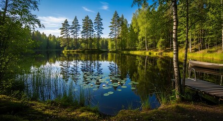 Tranquil Forest Lake with Lily Pads and Wooden Dock.