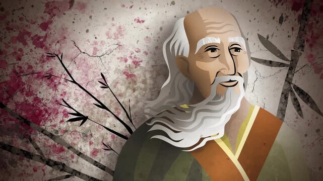 ancient chinese philosopher taoist sage with sumi e watercolor landscape background