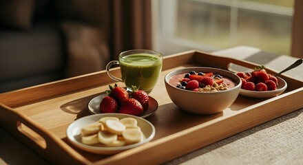 Breakfast tray with smoothie, berries, and banana slices by window.