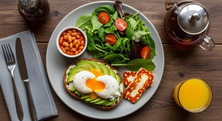 Healthy breakfast plate with avocado toast, poached eggs, beans, and salad.