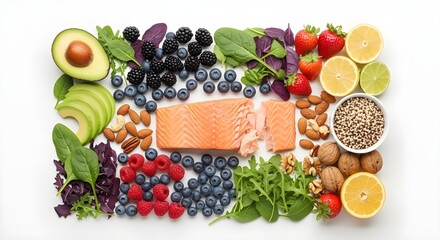 Healthy food arrangement with salmon, avocado, berries, nuts, and citrus fruits.