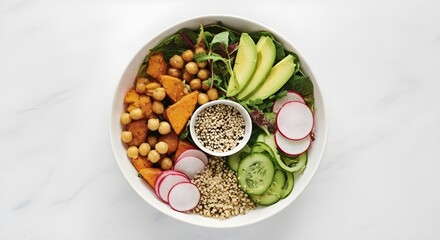 Overhead view of a colorful and healthy Buddha bowl with various ingredients.
